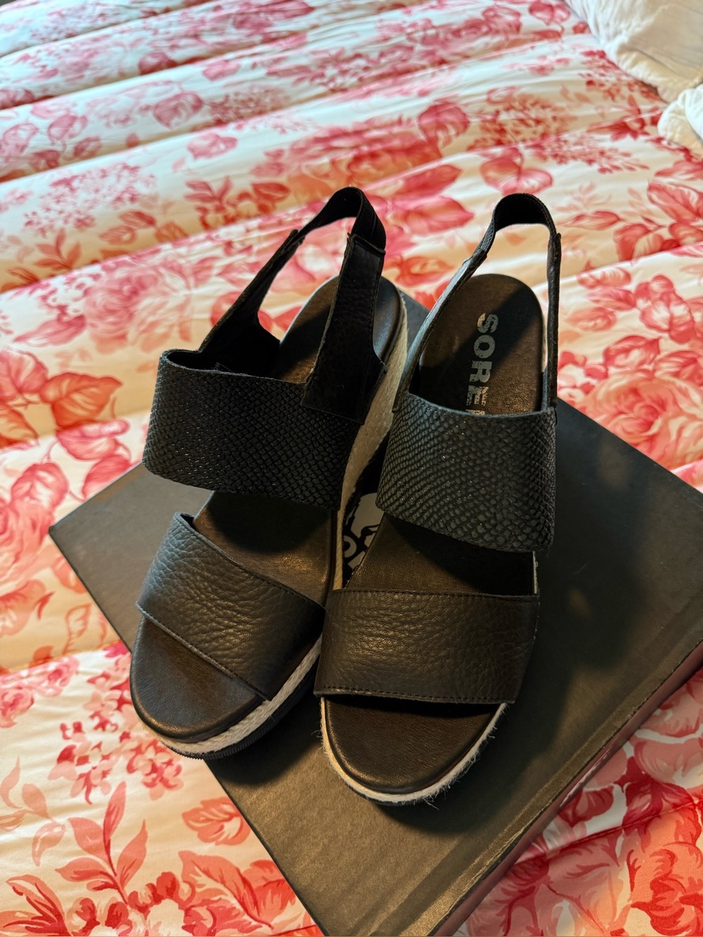 Sorel Black Open-Toe Slingback Wedge Sandals